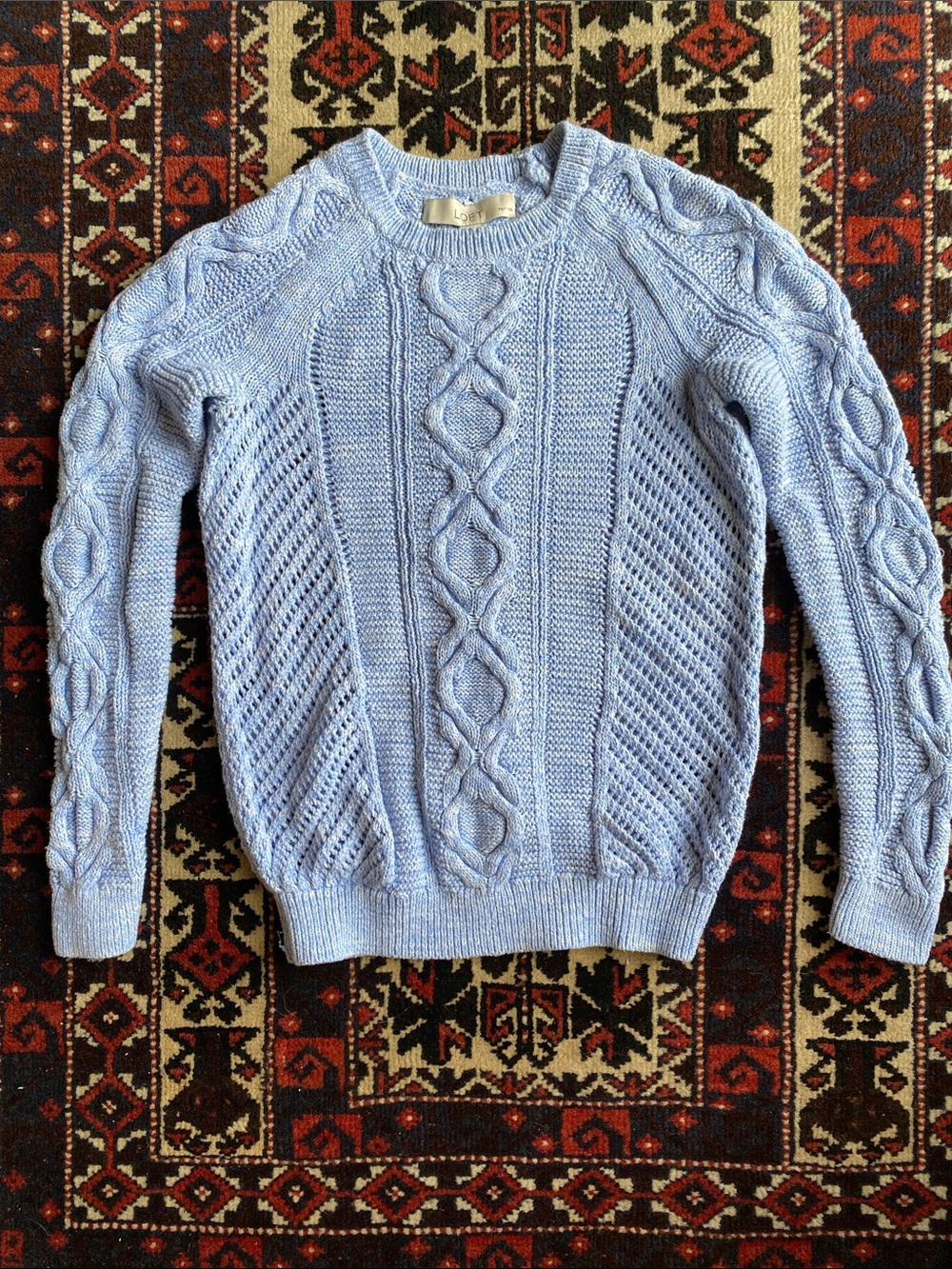 LOFT Light Blue Cable Knit Crewneck Sweater